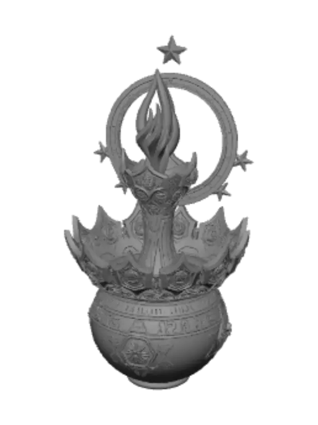 3D model for THE HEARTFORGE CROWN — A legendary trophy symbolizing hope, perseverance, and ultimate glory. A floating polished obsidian sphere engraved with thousands of tiny glowing runes forms the base. Rising from it is a spiraling column of crystalline starlight, cosmic dust, and luminous energy, twisting like a miniature galaxy. At the summit hovers a crown of seven radiant stars arranged in a halo, levitating without touching the structure. At its center burns an eternal gold-white-sapphire flame. Premium fantasy artifact, museum-quality collectible, cinematic realism, intricate detailing, photorealistic PBR materials, deep black, gold, silver, blue, violet glow, dramatic lighting, dark cosmic background, masterpiece 3D model. Engraving: “TO THE ONE WHO CONTINUED.”
