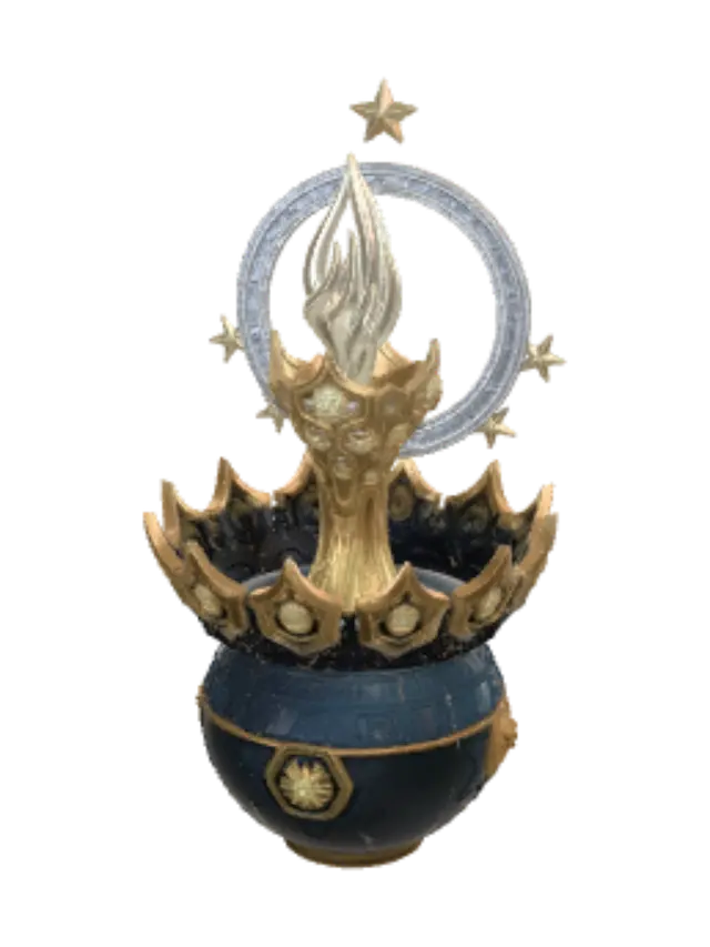 3D model for THE HEARTFORGE CROWN — A legendary trophy symbolizing hope, perseverance, and ultimate glory. A floating polished obsidian sphere engraved with thousands of tiny glowing runes forms the base. Rising from it is a spiraling column of crystalline starlight, cosmic dust, and luminous energy, twisting like a miniature galaxy. At the summit hovers a crown of seven radiant stars arranged in a halo, levitating without touching the structure. At its center burns an eternal gold-white-sapphire flame. Premium fantasy artifact, museum-quality collectible, cinematic realism, intricate detailing, photorealistic PBR materials, deep black, gold, silver, blue, violet glow, dramatic lighting, dark cosmic background, masterpiece 3D model. Engraving: “TO THE ONE WHO CONTINUED.”