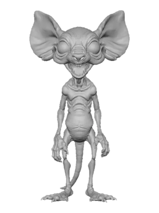 3D model for <prompt_3d_asset>
  <tipo>Personaje 3D Monstruoso</tipo>
  <aspecto>Grotesco, triste, realismo oscuro.</aspecto>
  <cuerpo>ratón lampiño (tamaño perro). Piel pálida/húmeda. Postura encorvada.</cuerpo>
  <cabeza>Rostro humanoide deforme.</cabeza>
  <ojos>Enormes, protuberantes, traumáticos, muy tristes. Pupilas dilatadas, iris oscuro. Lagrimales rojos.</ojos>
  <boca>Fina, torcida. Dientes humanos irregulares/rotos.</boca>
  <nariz_orejas>Nariz vestigial roedora. Orejas de ratón.</nariz_orejas>
  <extremidades>Patas que terminan en manos humanas (dedos largos, uñas sucias). Apoyo en palmas.</extremidades>
  <cola>Larga, delgada, sin pelo, de ratón</cola>
  <emocion>Desolación, vulnerabilidad.</emocion>
  <tecnica>Alta poli, topología limpia, UVs, PBR 4K.</tecnica>
</prompt_3d_asset>"Helper"