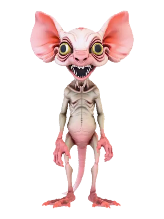 3D model for <prompt_3d_asset>
  <tipo>Personaje 3D Monstruoso</tipo>
  <aspecto>Grotesco, triste, realismo oscuro.</aspecto>
  <cuerpo>ratón lampiño (tamaño perro). Piel pálida/húmeda. Postura encorvada.</cuerpo>
  <cabeza>Rostro humanoide deforme.</cabeza>
  <ojos>Enormes, protuberantes, traumáticos, muy tristes. Pupilas dilatadas, iris oscuro. Lagrimales rojos.</ojos>
  <boca>Fina, torcida. Dientes humanos irregulares/rotos.</boca>
  <nariz_orejas>Nariz vestigial roedora. Orejas de ratón.</nariz_orejas>
  <extremidades>Patas que terminan en manos humanas (dedos largos, uñas sucias). Apoyo en palmas.</extremidades>
  <cola>Larga, delgada, sin pelo, de ratón</cola>
  <emocion>Desolación, vulnerabilidad.</emocion>
  <tecnica>Alta poli, topología limpia, UVs, PBR 4K.</tecnica>
</prompt_3d_asset>"Helper"