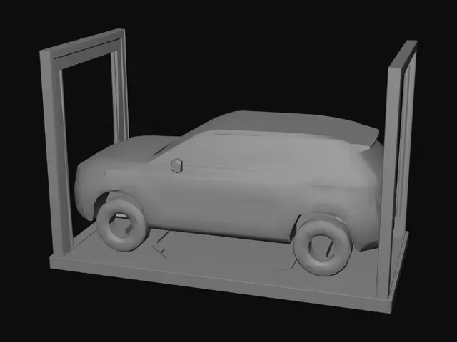 3D model for Create a highly detailed 3D model of a hydraulic car elevator for a one-level underground parking garage. Shaft dimensions: 3.50 m × 6.50 m. Platform dimensions: 3.00 m × 6.00 m. Travel distance: 3.50 m from street level to underground parking. Include 200 mm reinforced concrete walls, 1.20 m deep pit, and 250 mm concrete base slab. Add automatic steel vehicle doors at both levels with 2.70 m clear width and 2.40 m height. The platform is galvanized steel with anti-slip flooring, structural steel beams, hydraulic cylinder, guide rails, safety locks, sensors, emergency stop buttons, LED lighting, ventilation grilles, control cabinet, and adjacent hydraulic power unit room. Show realistic PBR materials, industrial design, and a cutaway view revealing the hydraulic mechanism, platform structu