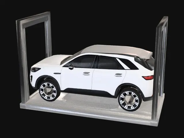 3D model for Create a highly detailed 3D model of a hydraulic car elevator for a one-level underground parking garage. Shaft dimensions: 3.50 m × 6.50 m. Platform dimensions: 3.00 m × 6.00 m. Travel distance: 3.50 m from street level to underground parking. Include 200 mm reinforced concrete walls, 1.20 m deep pit, and 250 mm concrete base slab. Add automatic steel vehicle doors at both levels with 2.70 m clear width and 2.40 m height. The platform is galvanized steel with anti-slip flooring, structural steel beams, hydraulic cylinder, guide rails, safety locks, sensors, emergency stop buttons, LED lighting, ventilation grilles, control cabinet, and adjacent hydraulic power unit room. Show realistic PBR materials, industrial design, and a cutaway view revealing the hydraulic mechanism, platform structu