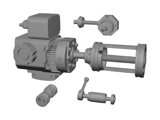 3D model for A highly detailed 3D CAD exploded view of a military-grade heavy-lift UAV electromechanical linear actuator. The central core features a high-torque frameless servo motor with visible copper stator windings, mechanically mated to a precision planetary roller screw. Surrounding the core are two linear cage roller guide rails, a permanent magnet safety brake disk, and hybrid ceramic angular contact thrust bearings. An inline S-beam load cell and an absolute optical linear encoder scale are attached to the extending stainless-steel lower thrust rod. The components are breaking apart from a custom, hard-anodized black 7075-T6 aluminum monocoque outer housing. A digital DSP microcontroller PCB is mounted on the side with mil-spec circular connectors. Studio lighting, photorealistic rendering, S