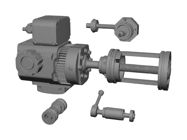 3D model for A highly detailed 3D CAD exploded view of a military-grade heavy-lift UAV electromechanical linear actuator. The central core features a high-torque frameless servo motor with visible copper stator windings, mechanically mated to a precision planetary roller screw. Surrounding the core are two linear cage roller guide rails, a permanent magnet safety brake disk, and hybrid ceramic angular contact thrust bearings. An inline S-beam load cell and an absolute optical linear encoder scale are attached to the extending stainless-steel lower thrust rod. The components are breaking apart from a custom, hard-anodized black 7075-T6 aluminum monocoque outer housing. A digital DSP microcontroller PCB is mounted on the side with mil-spec circular connectors. Studio lighting, photorealistic rendering, S