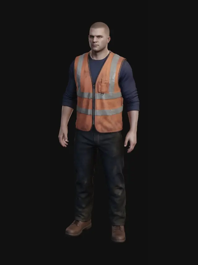 3D model for Male construction worker. No other equipment strapped to his belt. No glasses.
