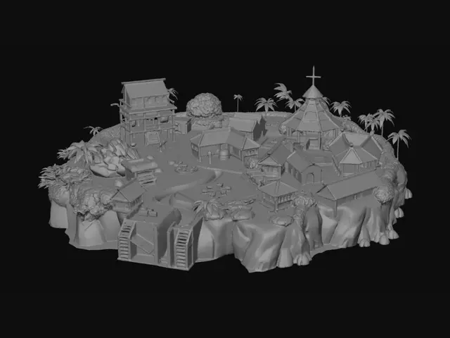 3D model for 3D island survival settlement, central government command hut on wooden stilts, raised food storehouse on 6 stilts, water collection station with clay pots and barrels, medical hut with cross on door, open air bamboo school with bark blackboard, three worker dormitories, broken tool rack with one machete, stone fire pit with cooking pot, collapsed hut storm damage zone, freshwater stream from highland to settlement pool, rocky northern highland plateau, dense jungle interior, calm western beach cove, rugged eastern cliffs, 20 human figures doing tasks across island, lookout figure on highland, oval island shape, aerial view, ultra detailed, photorealistic, 8K.