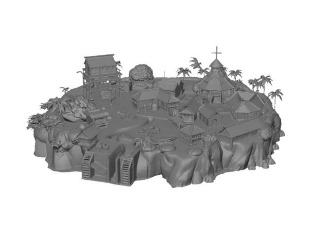 3D model for 3D island survival settlement, central government command hut on wooden stilts, raised food storehouse on 6 stilts, water collection station with clay pots and barrels, medical hut with cross on door, open air bamboo school with bark blackboard, three worker dormitories, broken tool rack with one machete, stone fire pit with cooking pot, collapsed hut storm damage zone, freshwater stream from highland to settlement pool, rocky northern highland plateau, dense jungle interior, calm western beach cove, rugged eastern cliffs, 20 human figures doing tasks across island, lookout figure on highland, oval island shape, aerial view, ultra detailed, photorealistic, 8K.
