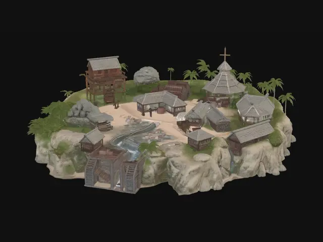 3D model for 3D island survival settlement, central government command hut on wooden stilts, raised food storehouse on 6 stilts, water collection station with clay pots and barrels, medical hut with cross on door, open air bamboo school with bark blackboard, three worker dormitories, broken tool rack with one machete, stone fire pit with cooking pot, collapsed hut storm damage zone, freshwater stream from highland to settlement pool, rocky northern highland plateau, dense jungle interior, calm western beach cove, rugged eastern cliffs, 20 human figures doing tasks across island, lookout figure on highland, oval island shape, aerial view, ultra detailed, photorealistic, 8K.