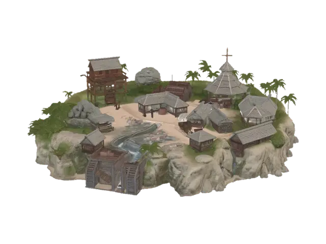 3D model for 3D island survival settlement, central government command hut on wooden stilts, raised food storehouse on 6 stilts, water collection station with clay pots and barrels, medical hut with cross on door, open air bamboo school with bark blackboard, three worker dormitories, broken tool rack with one machete, stone fire pit with cooking pot, collapsed hut storm damage zone, freshwater stream from highland to settlement pool, rocky northern highland plateau, dense jungle interior, calm western beach cove, rugged eastern cliffs, 20 human figures doing tasks across island, lookout figure on highland, oval island shape, aerial view, ultra detailed, photorealistic, 8K.
