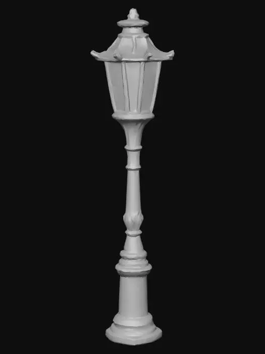 3D model for semi-realistic fantasy style, hand-painted PBR textures, slightly stylized proportions, warm earthy tones, game-ready asset, mid poly. Iron street lantern, wrought iron post with curved arm holding glass-paned lantern, warm glow inside, simple base bolted to cobblestone pad, village path lighting