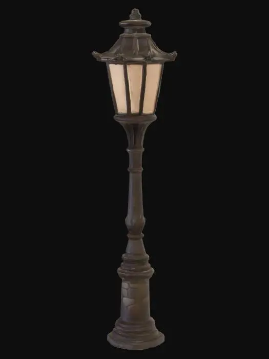 3D model for semi-realistic fantasy style, hand-painted PBR textures, slightly stylized proportions, warm earthy tones, game-ready asset, mid poly. Iron street lantern, wrought iron post with curved arm holding glass-paned lantern, warm glow inside, simple base bolted to cobblestone pad, village path lighting