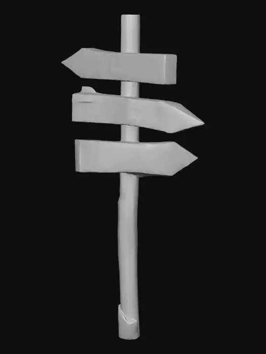 3D model for semi-realistic fantasy style, hand-painted PBR textures, slightly stylized proportions, warm earthy tones, game-ready asset, mid poly. Wooden signpost, tall post with three directional arrow signs pointing different ways, carved text on each arrow, weathered wood, crossroads navigation marker
