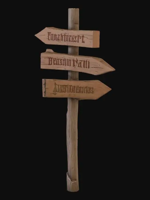 3D model for semi-realistic fantasy style, hand-painted PBR textures, slightly stylized proportions, warm earthy tones, game-ready asset, mid poly. Wooden signpost, tall post with three directional arrow signs pointing different ways, carved text on each arrow, weathered wood, crossroads navigation marker