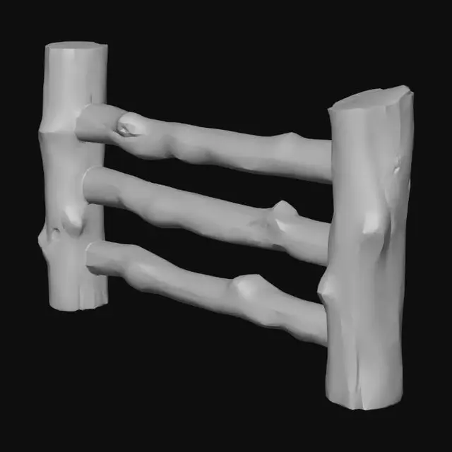 3D model for semi-realistic fantasy style, hand-painted PBR textures, slightly stylized proportions, warm earthy tones, game-ready asset, mid poly. Wooden fence section, three horizontal rails between two upright posts, weathered grey wood with grain visible, slightly leaning, pastoral field boundary segment