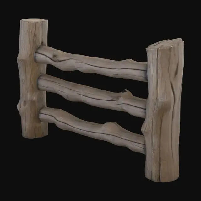 3D model for semi-realistic fantasy style, hand-painted PBR textures, slightly stylized proportions, warm earthy tones, game-ready asset, mid poly. Wooden fence section, three horizontal rails between two upright posts, weathered grey wood with grain visible, slightly leaning, pastoral field boundary segment