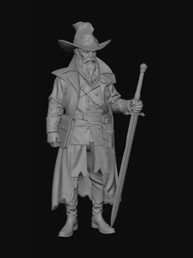 3D model for Printable 3D miniature of a male fantasy witch hunter inspired by the 1600s, wearing a long weathered leather coat, layered belts, buckles, and dark gothic clothing. Stern and battle-hardened appearance with rugged facial features, short beard, and intense eyes. Wide-brimmed hat, silver charms, holy symbols, and alchemical tools hanging from his belt. Armed with a flintlock pistol in one hand and a longsword at his side. Dark fantasy aesthetic inspired by grim European folklore and plague-era witch hunters. Dynamic heroic pose, realistic anatomy, detailed cloth folds and leather textures. Designed for resin 3D printing at 30mm scale, clean silhouette, highly detailed sculpt, printable geometry, STL-ready, ZBrush sculpt style, neutral background
