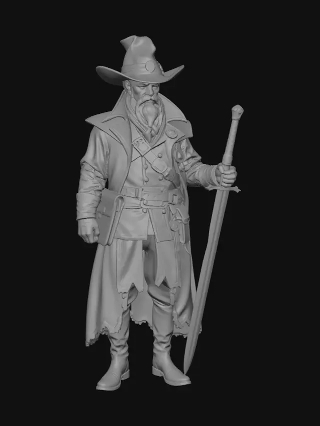 3D model for Printable 3D miniature of a male fantasy witch hunter inspired by the 1600s, wearing a long weathered leather coat, layered belts, buckles, and dark gothic clothing. Stern and battle-hardened appearance with rugged facial features, short beard, and intense eyes. Wide-brimmed hat, silver charms, holy symbols, and alchemical tools hanging from his belt. Armed with a flintlock pistol in one hand and a longsword at his side. Dark fantasy aesthetic inspired by grim European folklore and plague-era witch hunters. Dynamic heroic pose, realistic anatomy, detailed cloth folds and leather textures. Designed for resin 3D printing at 30mm scale, clean silhouette, highly detailed sculpt, printable geometry, STL-ready, ZBrush sculpt style, neutral background