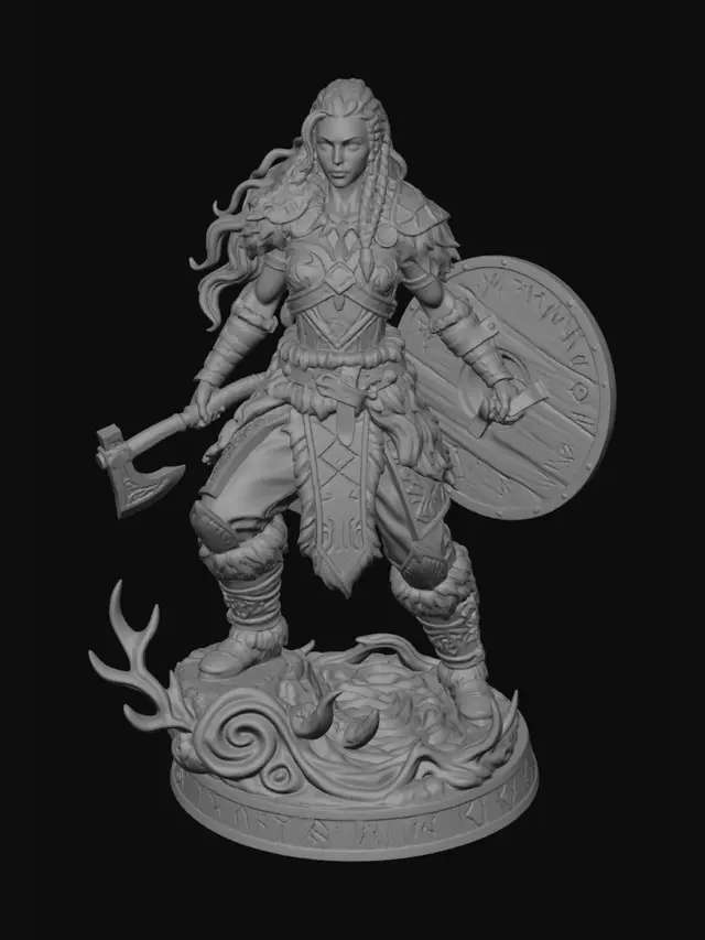 3D model for Printable 3D miniature of a Ultra realistic female Viking warrior, around 25 years old, athletic and toned physique with visible muscles and natural proportions. Long braided blonde hair, fierce Nordic features, confident expression, subtle battle scars. Wearing detailed Viking leather and fur armor with engraved Norse runes, layered belts, arm wraps, and weathered warrior clothing. Equipped with a Nordic battle axe and round shield with runes. Dynamic heroic pose designed for tabletop display. Scandinavian dark fantasy aesthetic inspired by Norse mythology. Optimized for resin 3D printing at 30mm scale, clean silhouette, balanced stance, solid printable geometry, highly detailed sculpt, STL-ready, ZBrush sculpt style, neutral background