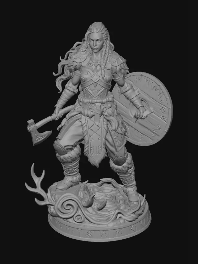 3D model for Printable 3D miniature of a Ultra realistic female Viking warrior, around 25 years old, athletic and toned physique with visible muscles and natural proportions. Long braided blonde hair, fierce Nordic features, confident expression, subtle battle scars. Wearing detailed Viking leather and fur armor with engraved Norse runes, layered belts, arm wraps, and weathered warrior clothing. Equipped with a Nordic battle axe and round shield with runes. Dynamic heroic pose designed for tabletop display. Scandinavian dark fantasy aesthetic inspired by Norse mythology. Optimized for resin 3D printing at 30mm scale, clean silhouette, balanced stance, solid printable geometry, highly detailed sculpt, STL-ready, ZBrush sculpt style, neutral background
