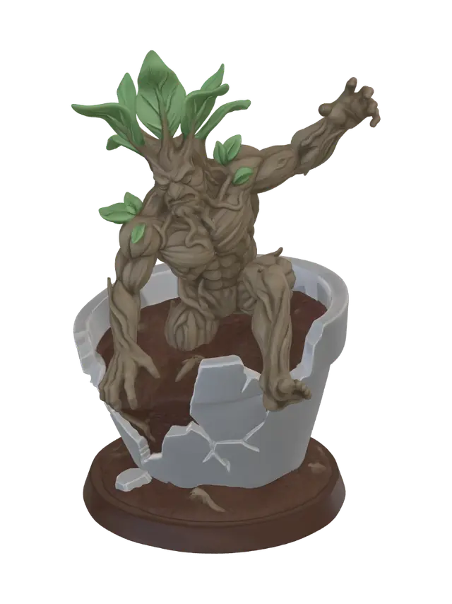 3D model for Quiero crear una mándragora que esté muy fuerte (planta de aspecto humanoide) saliendo de la maceta con aspecto amenazante, la mano izquierda apoyada en la tierra, la otra mano intentando alcanzar algo hacia arriba. el pie derecho apoyado fuera de la tierra y el izquierdo aún dentro. Que la maceta esté quebrándose a medida que intenta salir y que tenga una base plana que poder imprimir. Quiero que el modelo tenga colores básicos para imprimir en 3D.