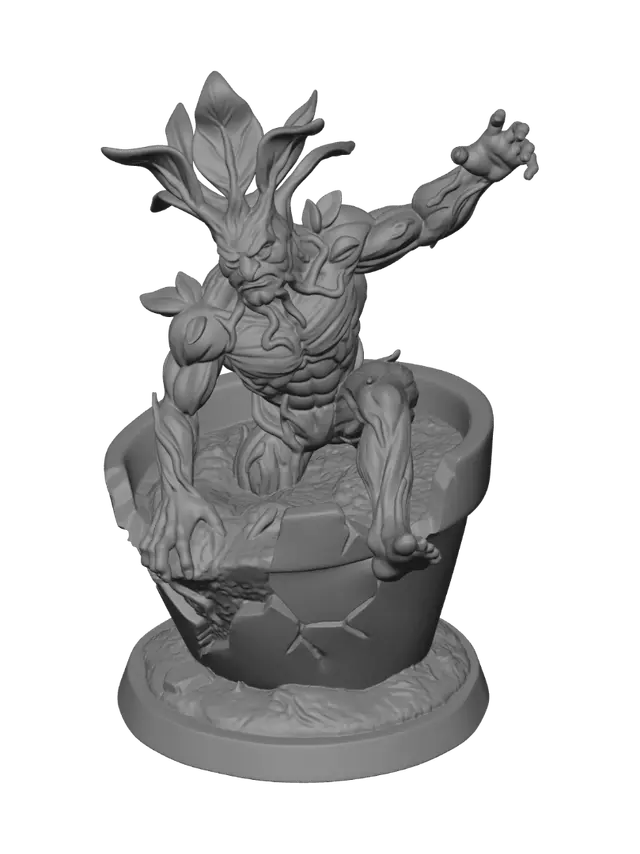 3D model for Quiero crear una mándragora que esté muy fuerte (planta de aspecto humanoide) saliendo de la maceta con aspecto amenazante, la mano izquierda apoyada en la tierra, la otra mano intentando alcanzar algo hacia arriba. el pie derecho apoyado fuera de la tierra y el izquierdo aún dentro. Que la maceta esté quebrándose a medida que intenta salir y que tenga una base plana que poder imprimir. Quiero que el modelo tenga colores básicos para imprimir en 3D.