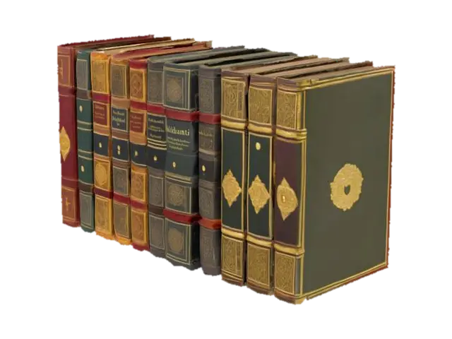 a row of books for a bookshelf. They are medieval ancient books with fine leather… 3D model, vytvořený pomocí AI