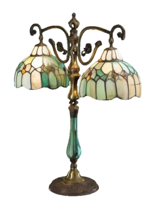 3D model for antique brass lamp with two lights side by side and tiffany style stained glass shades and pull cords for each lamp