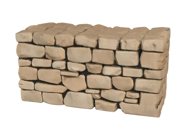 3D model for A low, ruined stone wall made of uneven rectangular sandstone blocks, crumbling top edge, used as cover, desert environment asset, realistic textures