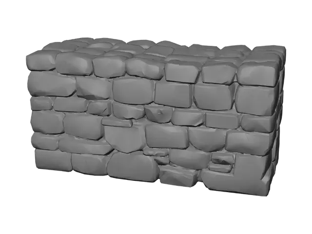 3D model for A low, ruined stone wall made of uneven rectangular sandstone blocks, crumbling top edge, used as cover, desert environment asset, realistic textures
