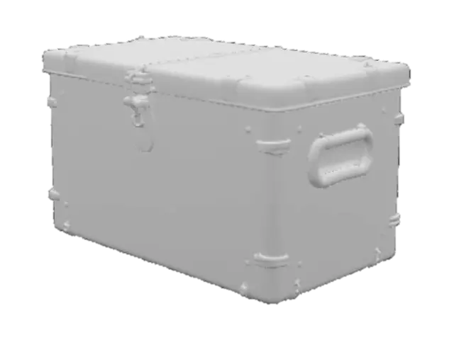 3D model for Weathered military metal ammunition box, rectangular with hinged lid and side handle, heavily rusted and chipped olive drab paint, faded stenciled markings, dents and corrosion spots, realistic worn metal texture, realistic scale, clean topology, PBR-ready materials, baked AO, optimized for game engines.
