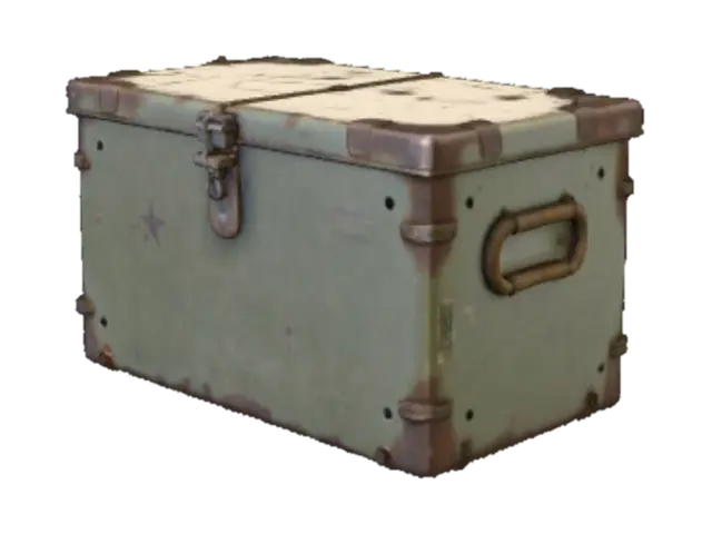 3D model for Weathered military metal ammunition box, rectangular with hinged lid and side handle, heavily rusted and chipped olive drab paint, faded stenciled markings, dents and corrosion spots, realistic worn metal texture, realistic scale, clean topology, PBR-ready materials, baked AO, optimized for game engines.

