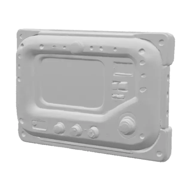 3D model for Highly detailed sci-fi wall-mounted control terminal, industrial yellow/orange with gunmetal frame, holographic display, physical buttons, glowing touch interface, subtle wear and scratches, realistic scale, clean topology, PBR-ready textures, baked AO, optimized for game engines. #PBR#