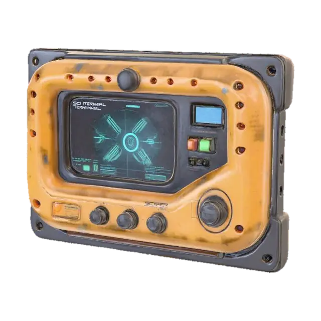 3D model for Highly detailed sci-fi wall-mounted control terminal, industrial yellow/orange with gunmetal frame, holographic display, physical buttons, glowing touch interface, subtle wear and scratches, realistic scale, clean topology, PBR-ready textures, baked AO, optimized for game engines. #PBR#