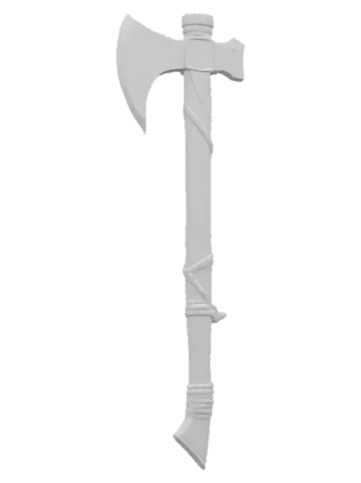 3D model for I'd like a Viking battle axe, wooden grip with leather straps, metal engravings on axe heads, detailed wooden shaft.