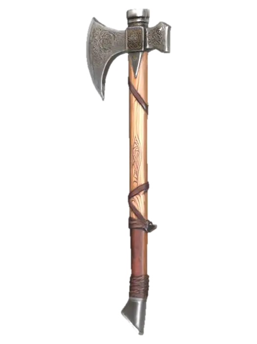 3D model for I'd like a Viking battle axe, wooden grip with leather straps, metal engravings on axe heads, detailed wooden shaft.
