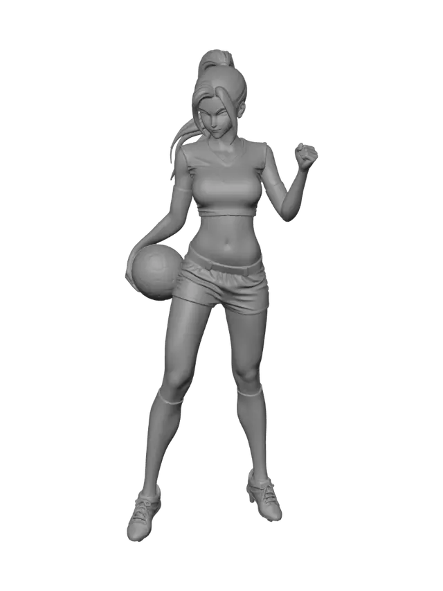 3D model for visualize a human female with large breast and with long brown hair put back in pony tail wearing shorts decorated for team canada with oak leaf hold soccer ball