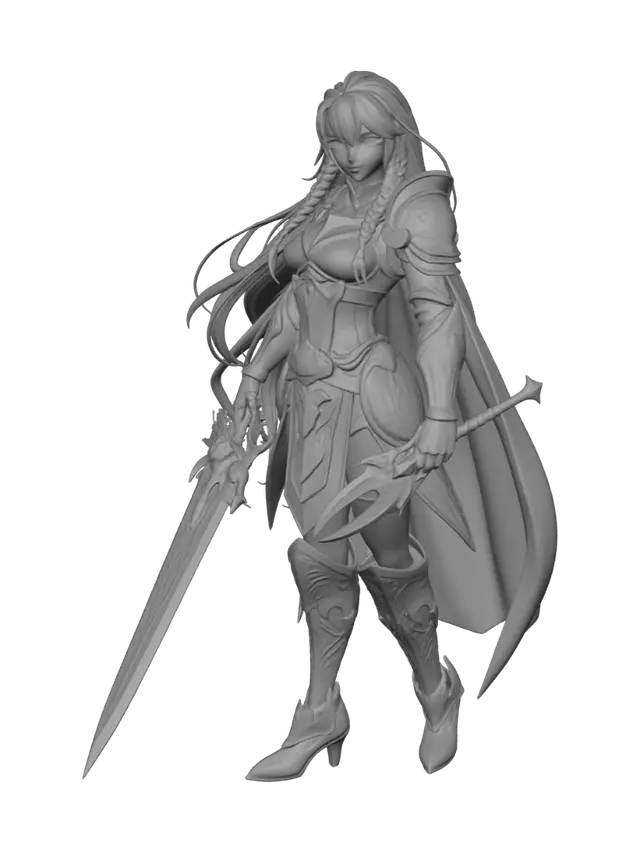 3D model for dult anime heroine, 25 years old, athletic yet feminine build, long flowing silver hair with braided side strands, large expressive blue eyes, confident smile, detailed fantasy battle armor with ornate engravings, armored boots and gauntlets, flowing cape attached at the shoulders, holding a massive sword dynamic heroic stance, standing on a detailed rocky terrain base, highly detailed collectible statue, realistic anime proportions, sharp sculpted details, deep fabric folds, intricate armor textures, solid one-piece design suitable for resin 3D printing, no thin unsupported parts, balanced center of gravity, professional miniature sculpt, 1:8 scale, optimized for large-format resin printers such as the Elegoo Jupiter 2, high polygon count, clean surfa