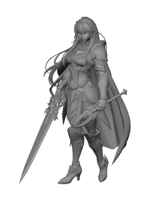 3D model for dult anime heroine, 25 years old, athletic yet feminine build, long flowing silver hair with braided side strands, large expressive blue eyes, confident smile, detailed fantasy battle armor with ornate engravings, armored boots and gauntlets, flowing cape attached at the shoulders, holding a massive sword dynamic heroic stance, standing on a detailed rocky terrain base, highly detailed collectible statue, realistic anime proportions, sharp sculpted details, deep fabric folds, intricate armor textures, solid one-piece design suitable for resin 3D printing, no thin unsupported parts, balanced center of gravity, professional miniature sculpt, 1:8 scale, optimized for large-format resin printers such as the Elegoo Jupiter 2, high polygon count, clean surfa