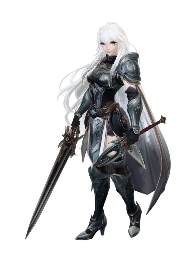 3D model for dult anime heroine, 25 years old, athletic yet feminine build, long flowing silver hair with braided side strands, large expressive blue eyes, confident smile, detailed fantasy battle armor with ornate engravings, armored boots and gauntlets, flowing cape attached at the shoulders, holding a massive sword dynamic heroic stance, standing on a detailed rocky terrain base, highly detailed collectible statue, realistic anime proportions, sharp sculpted details, deep fabric folds, intricate armor textures, solid one-piece design suitable for resin 3D printing, no thin unsupported parts, balanced center of gravity, professional miniature sculpt, 1:8 scale, optimized for large-format resin printers such as the Elegoo Jupiter 2, high polygon count, clean surfa
