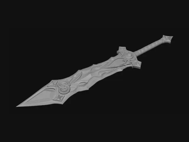 3D model for Legendary fantasy greatsword for Skyrim. Massive two-handed god-slayer weapon forged by ancient war gods. Obsidian-black steel blade with glowing blood-red magma veins. Aggressive jagged edges, battle scars, and ancient Nordic runes emitting crimson energy. Large demonic crossguard inspired by dragon bones. Dark leather grip with red gemstones. Brutal, intimidating, battle-worn yet majestic. Realistic PBR materials, ultra-detailed engravings, metallic reflections, dark fantasy atmosphere, AAA game asset quality, Skyrim style artifact, cinematic presentation, centered object, clean topology, high-poly sculpt, realistic proportions, 8K texture quality.