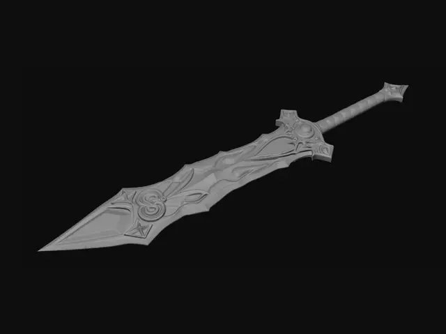 3D model for Legendary fantasy greatsword for Skyrim. Massive two-handed god-slayer weapon forged by ancient war gods. Obsidian-black steel blade with glowing blood-red magma veins. Aggressive jagged edges, battle scars, and ancient Nordic runes emitting crimson energy. Large demonic crossguard inspired by dragon bones. Dark leather grip with red gemstones. Brutal, intimidating, battle-worn yet majestic. Realistic PBR materials, ultra-detailed engravings, metallic reflections, dark fantasy atmosphere, AAA game asset quality, Skyrim style artifact, cinematic presentation, centered object, clean topology, high-poly sculpt, realistic proportions, 8K texture quality.