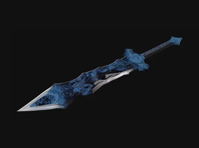 3D model for Legendary fantasy greatsword for Skyrim. Massive two-handed god-slayer weapon forged by ancient war gods. Obsidian-black steel blade with glowing blood-red magma veins. Aggressive jagged edges, battle scars, and ancient Nordic runes emitting crimson energy. Large demonic crossguard inspired by dragon bones. Dark leather grip with red gemstones. Brutal, intimidating, battle-worn yet majestic. Realistic PBR materials, ultra-detailed engravings, metallic reflections, dark fantasy atmosphere, AAA game asset quality, Skyrim style artifact, cinematic presentation, centered object, clean topology, high-poly sculpt, realistic proportions, 8K texture quality.