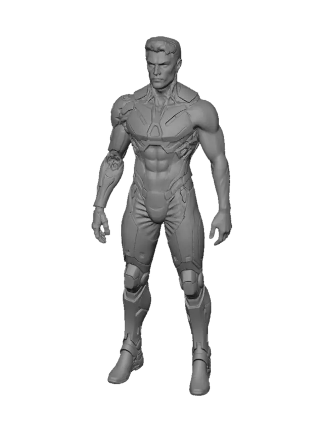 3D model for Extract the front-facing view of the cyberpunk soldier character from the first image (left figure). Isolate him on a perfectly clean white background. Keep all details: dark mech armor, blue glowing chest reactor, mechanical leg armor, cybernetic arm panels, realistic muscular human face. Full body visible, neutral A-pose stance, no shadows, no background noise. Single character, single view, front facing.