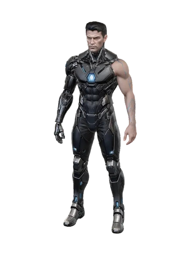3D model for Extract the front-facing view of the cyberpunk soldier character from the first image (left figure). Isolate him on a perfectly clean white background. Keep all details: dark mech armor, blue glowing chest reactor, mechanical leg armor, cybernetic arm panels, realistic muscular human face. Full body visible, neutral A-pose stance, no shadows, no background noise. Single character, single view, front facing.