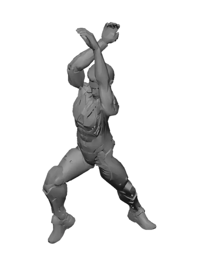 3D model for Extract the front-facing view of the cyberpunk soldier character from the first image (left figure). Isolate him on a perfectly clean white background. Keep all details: dark mech armor, blue glowing chest reactor, mechanical leg armor, cybernetic arm panels, realistic muscular human face. Full body visible, neutral A-pose stance, no shadows, no background noise. Single character, single view, front facing.