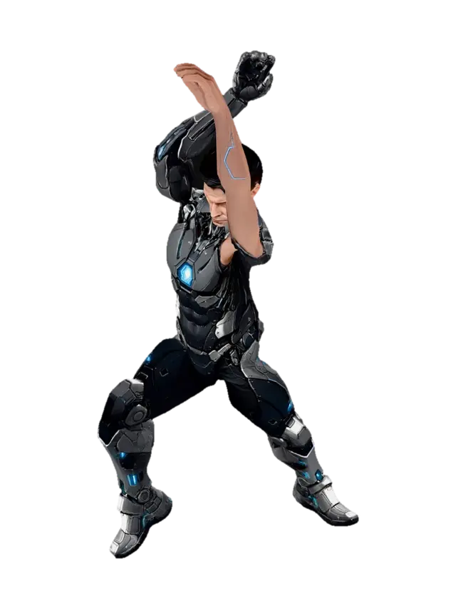 3D model for Extract the front-facing view of the cyberpunk soldier character from the first image (left figure). Isolate him on a perfectly clean white background. Keep all details: dark mech armor, blue glowing chest reactor, mechanical leg armor, cybernetic arm panels, realistic muscular human face. Full body visible, neutral A-pose stance, no shadows, no background noise. Single character, single view, front facing.