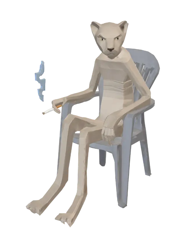 Contemplative Cat in a Plastic Chair 3D model, vytvořený pomocí AI