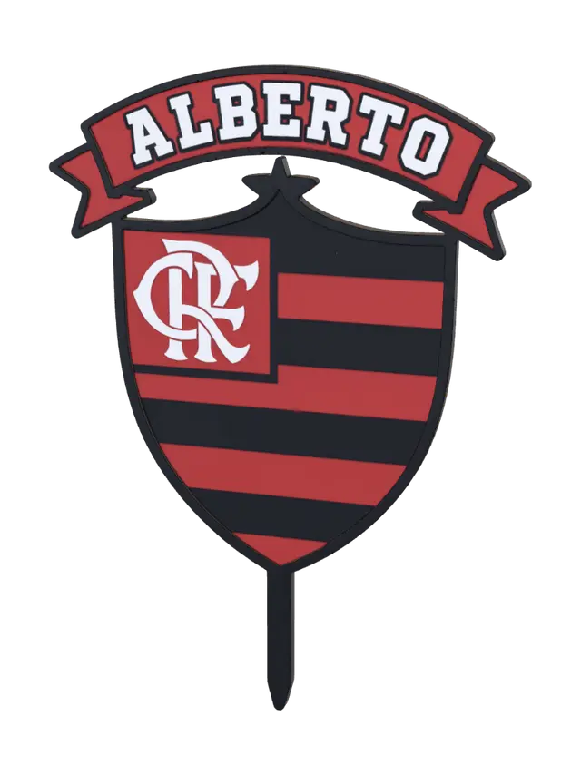 3D model for Replace the shield design in the first image with the traditional official Flamengo crest shown on the right side of the second reference image: a shield with a black outline, horizontal stripes alternating red and black across the body, and in the top-left corner a red rectangle containing the white "CRF" monogram emblem. Keep the exact same overall cake topper composition: the curved red banner ribbon arching above reading "ALBERTO" in bold white letters with black outline, and the black stick base below the shield for inserting into a cake. Clean white background, studio lighting, front-facing product render, crisp clear edges, flat plaque style suitable for 3D printing.