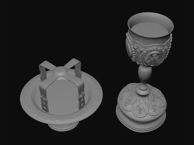 3D model for Ornate Golden Chalice and Paten on Red Table