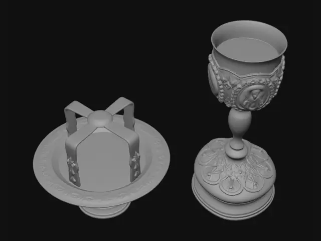 3D model for Ornate Golden Chalice and Paten on Red Table